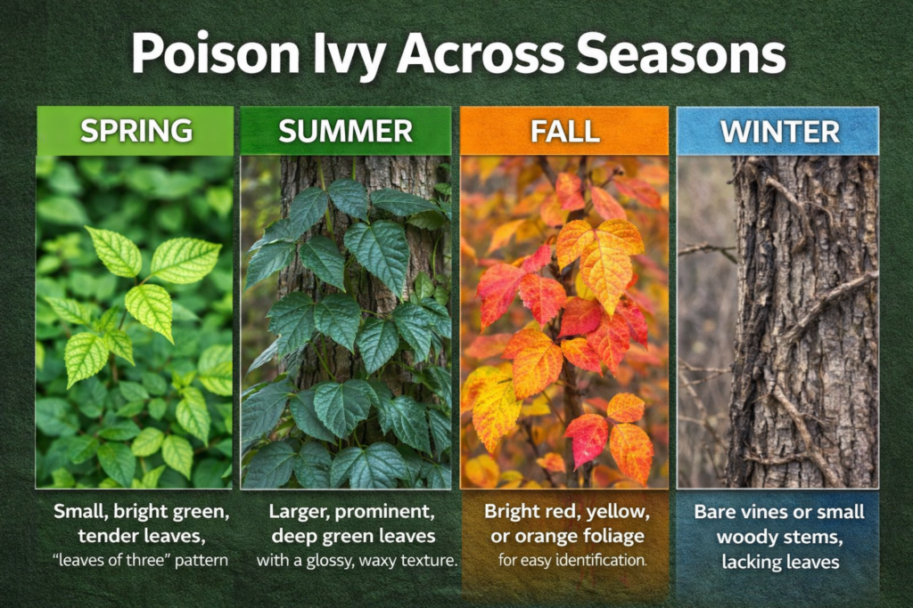 Different stages of Poison Ivy growth in Spring, Summer, Fall, and Winter