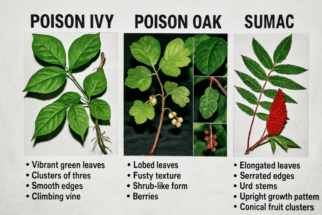 Infographic comparing poison ivy, poison oak, and poison sumac