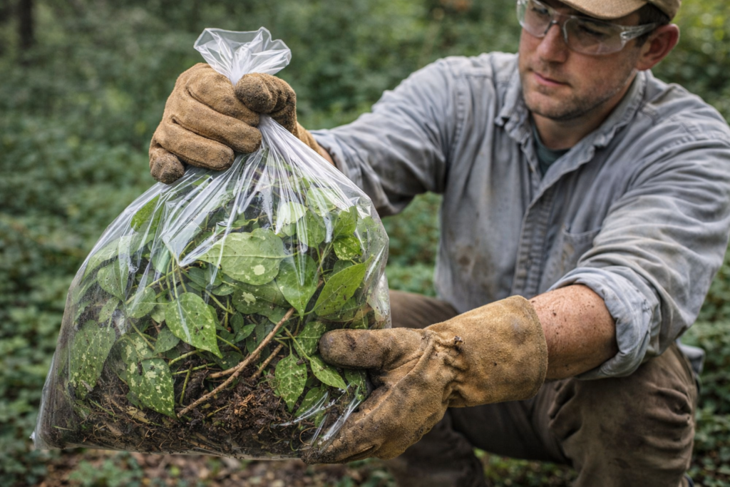 Safe disposal of poison ivy in a sealed plastic bag