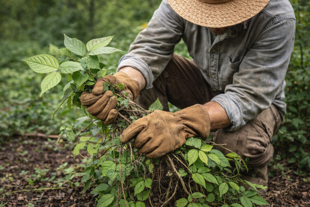 Safe poison ivy removal by hand with gloves