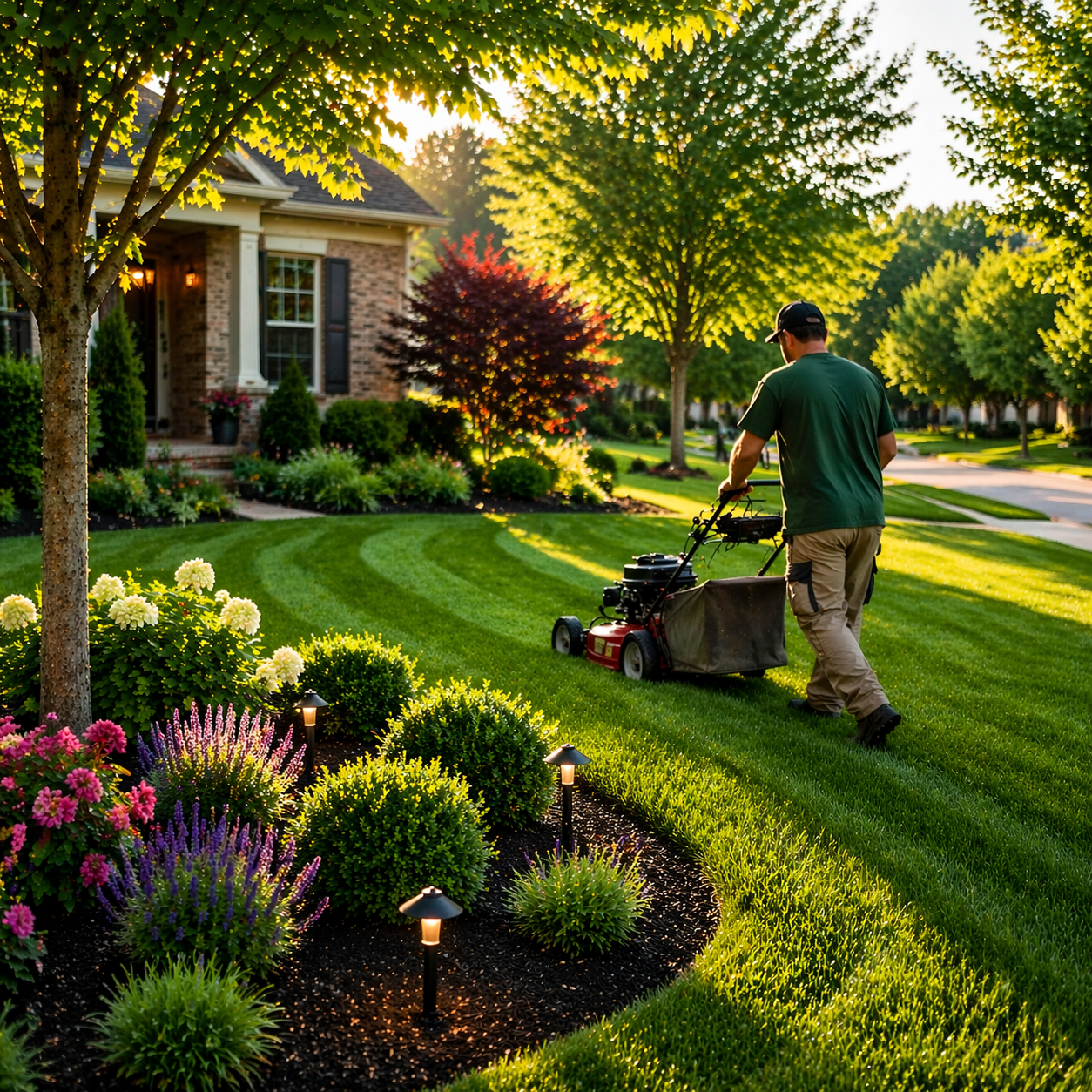 Professional lawn care expert mowing a lush green suburban lawn in Clarksville, TN with neatly trimmed grass, flower beds, and a sunlit residential backyard.
