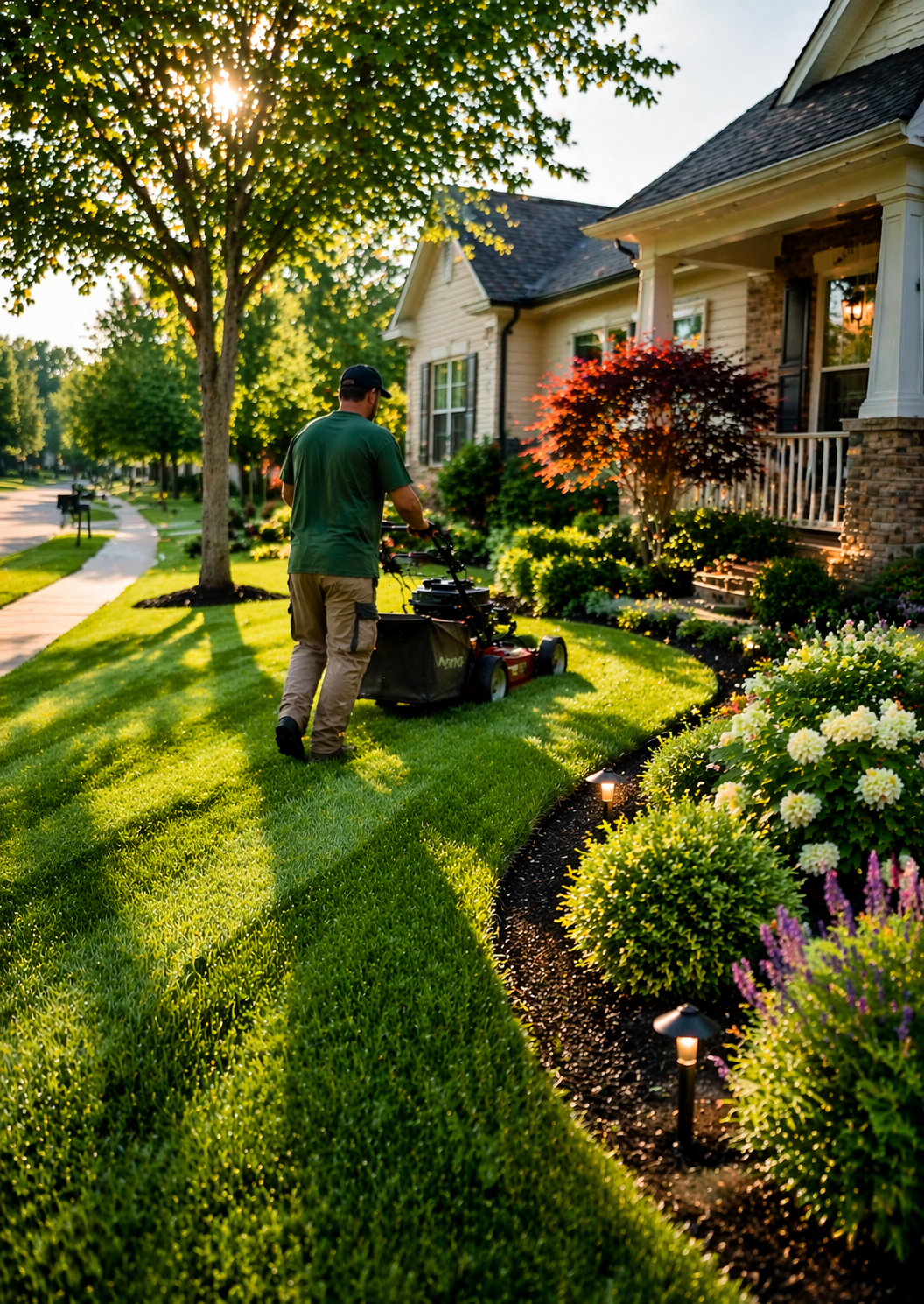 Professional lawn care and mowing service in Clarksville, TN maintaining a lush, green residential lawn with flower beds and trees.